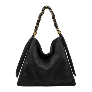A black suede slouchy shoulder bag with a braided black leather strap accented by gold-tone metal rings.