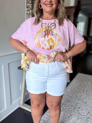 white cuff hem denim short