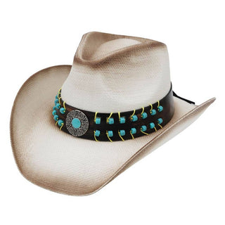Cowboy hat with decorative band featuring turquoise stones and a central emblem.