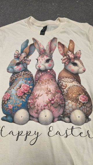 Vintage Three Bunnies Floral Easter Graphic T-Shirt
