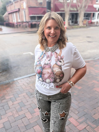Vintage Three Bunnies Floral Easter Graphic T-Shirt