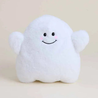 A white plush ghost warmie with a smiling face, black embroidered eyes and mouth, and pink cheeks.