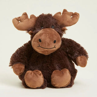 A plush moose warmie in dark brown and medium brown.