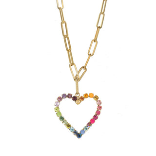 Gold necklace with a heart-shaped pendant featuring multicolored stones 