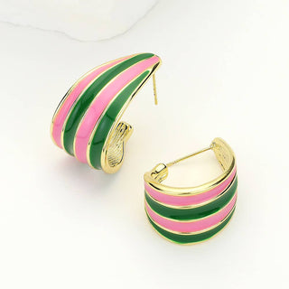 Pair of hoop earrings with green and pink stripes
