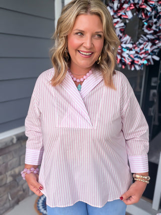 pink or blue striped blouse