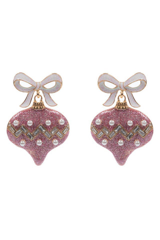 White Bow with Pink Ornament Earring