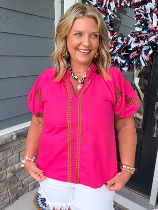 leopard embroidered puff sleeve blouse