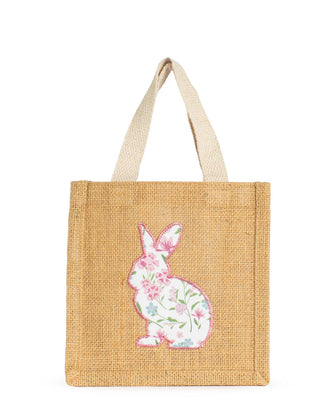Jute gift bag with a floral bunny design.