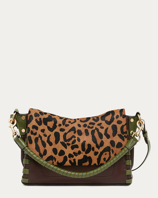 A structured shoulder/convertible bag with a brown and black leopard print flap, a dark brown leather base, and olive green accents on the strap and side tabs.