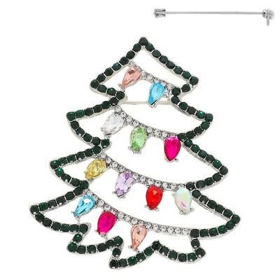 Christmas Tree Crystal Gemstone Brooch Pin: Silver