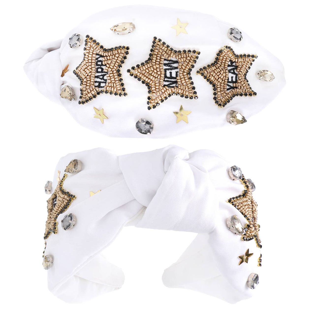 Happy New Year Beaded Jeweled White Knotted Headband
