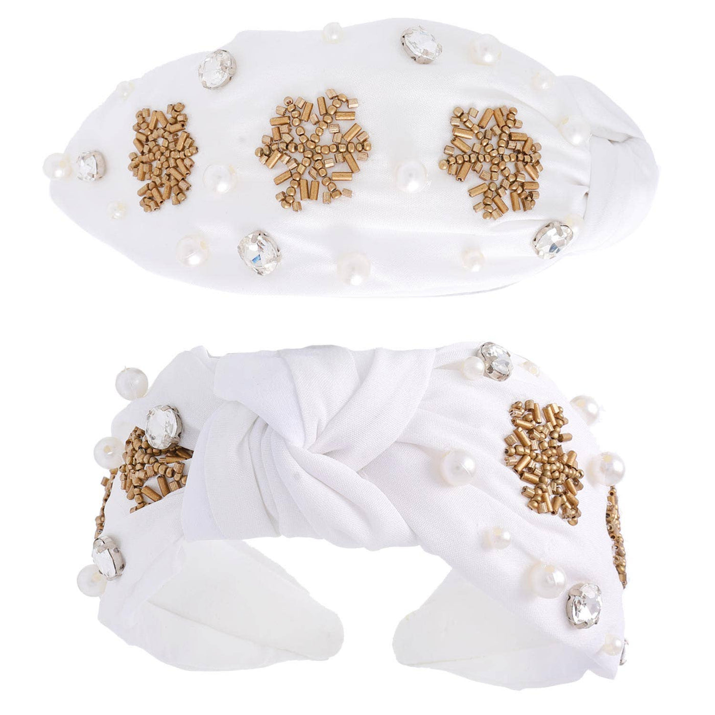 Beaded Snowflakes w/ Rhinestones & Pearls Knotted Headband: White