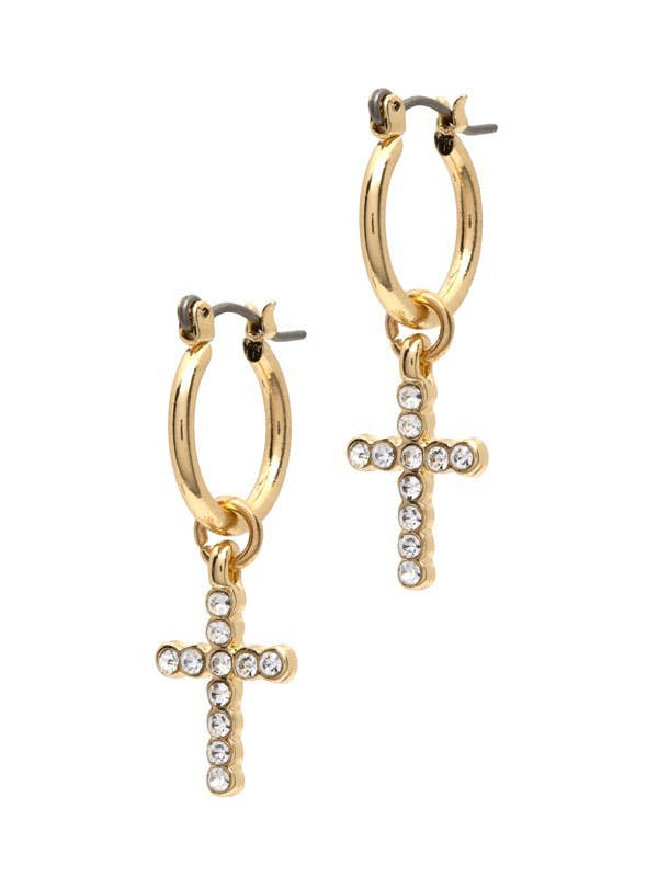 Gold Hoop Earrings with Cross Charm