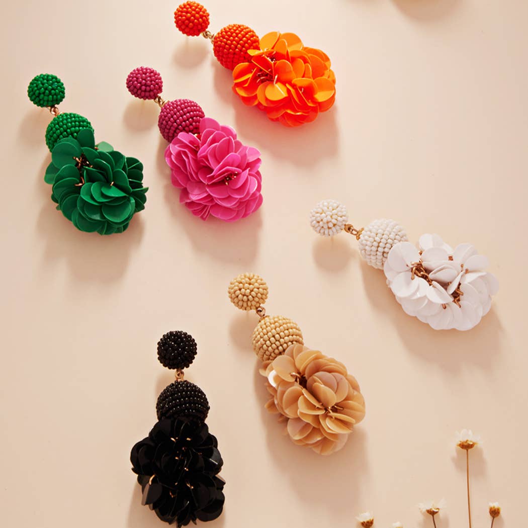 Seed Beaded Balls with Sequin Tassel Post Earrings