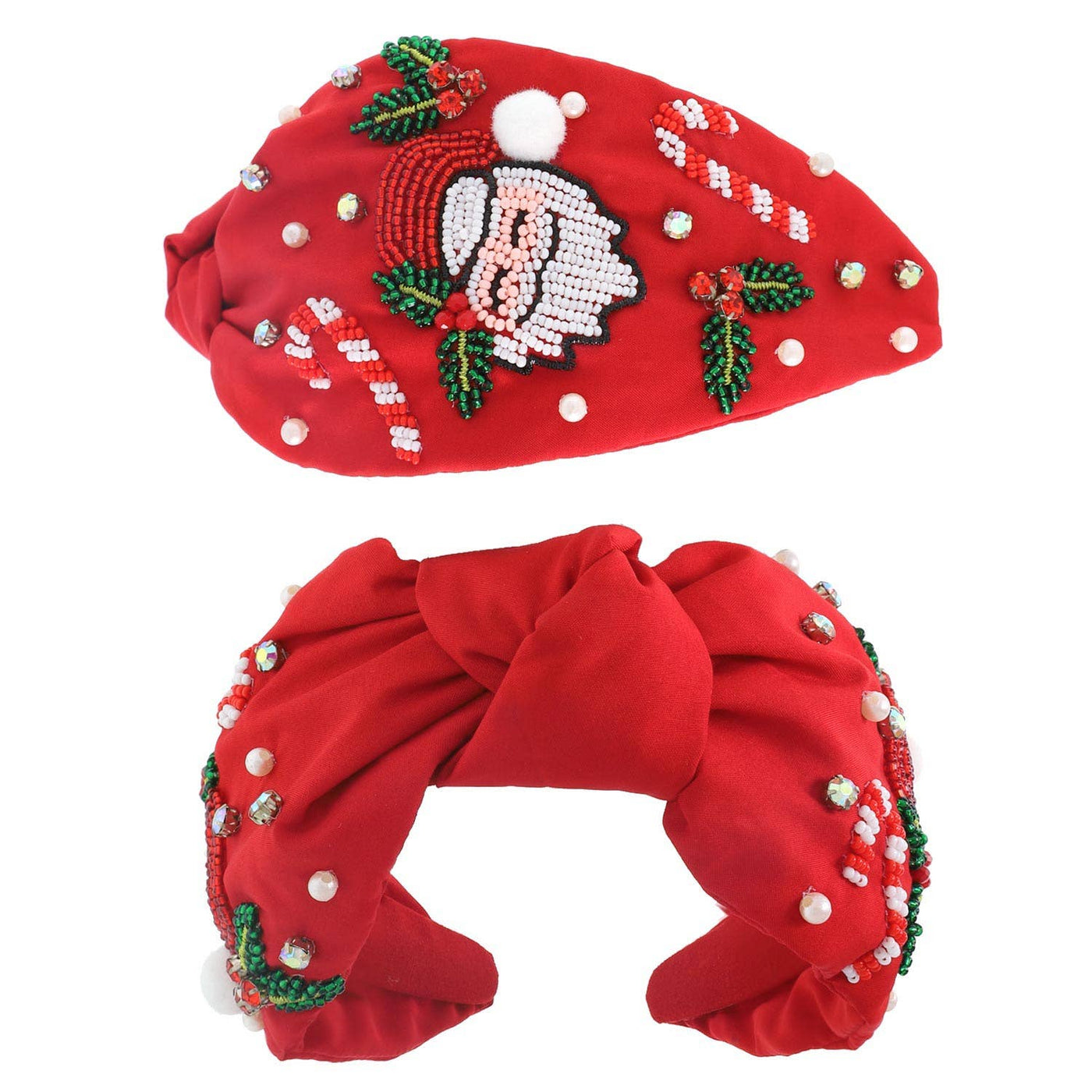 Jeweled Santa Claus Beaded Knotted Headband: Red