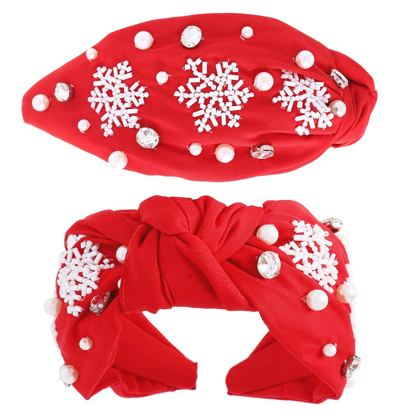 Beaded Snowflakes w/ Rhinestones & Pearls Knotted Headband: Red