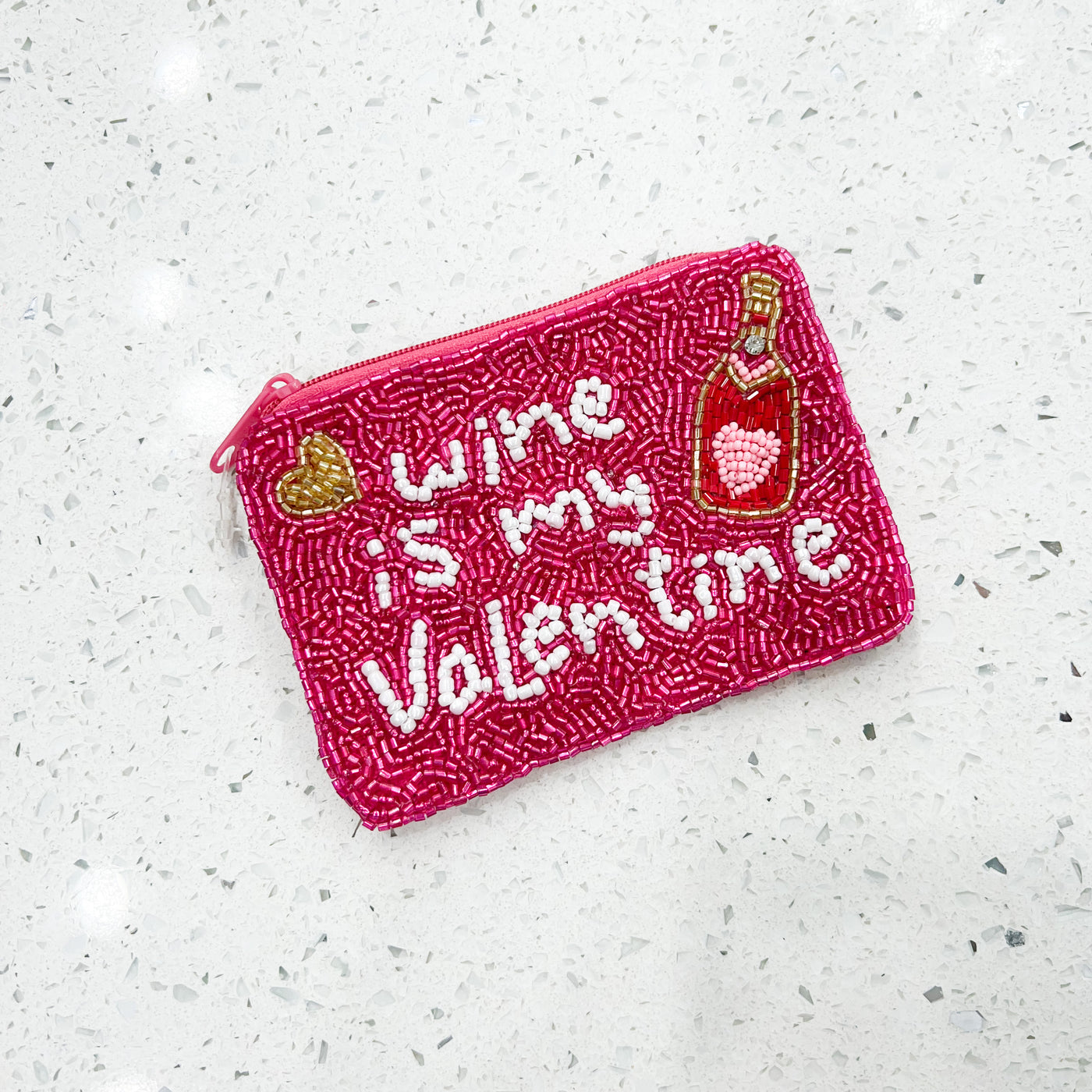 Wine Is My Valentine Beaded Coin Pouch