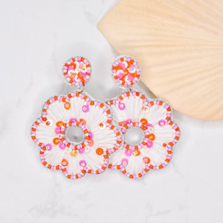 Pink and Orange Raffia Flower Earrings