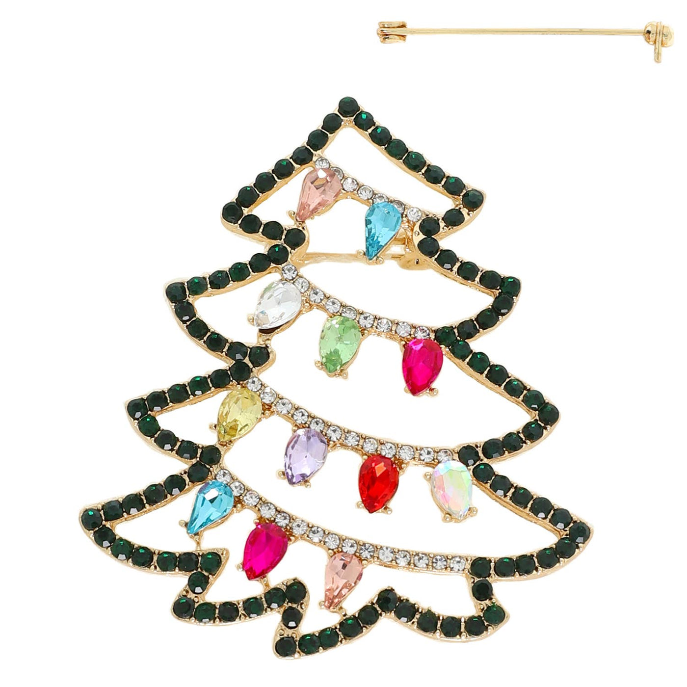 Christmas Tree Crystal Gemstone Brooch Pin: Gold