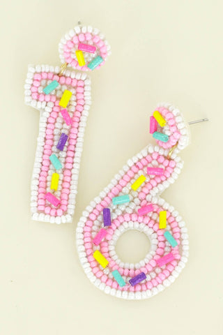 Beaded "16" w/ Sprinkles Birthday Dangle Earrings